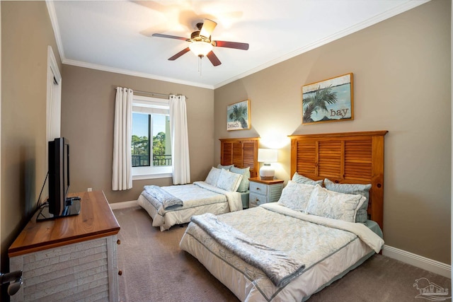 bedroom featuring ceiling fan, ornamental molding, and carpet flooring