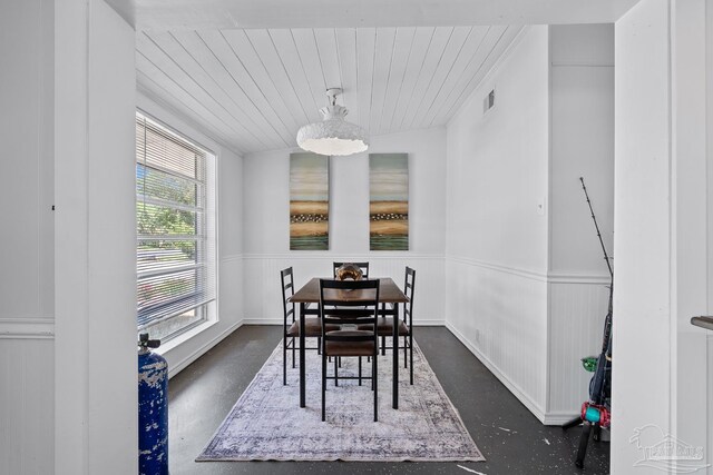 dining room with visible vents, wood ceiling, and a wainscoted wall