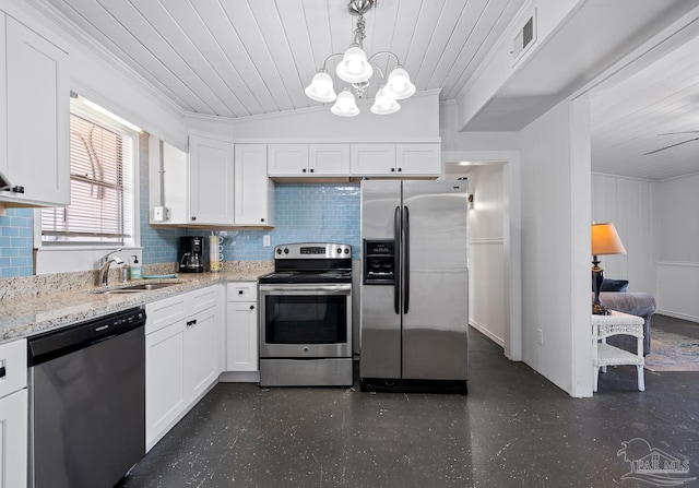 kitchen with wood ceiling, visible vents, appliances with stainless steel finishes, a sink, and white cabinets