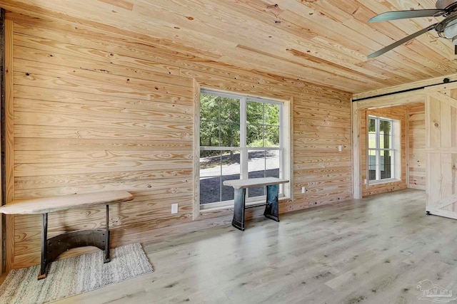 interior space featuring a ceiling fan, wood ceiling, wood finished floors, and wood walls