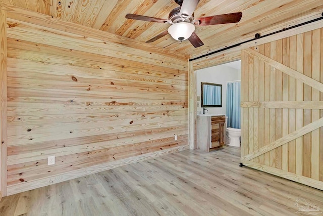 bonus room featuring wooden walls, wooden ceiling, ceiling fan, and wood finished floors