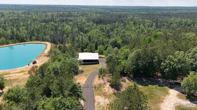 bird's eye view featuring a water view and a wooded view