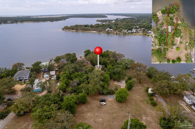 bird's eye view with a water view