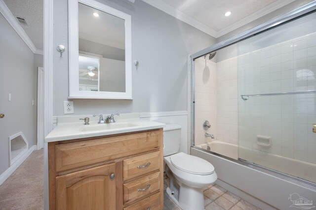 full bathroom with vanity, toilet, shower / bath combination with glass door, and crown molding