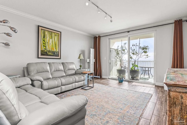 living room with ornamental molding and hardwood / wood-style flooring