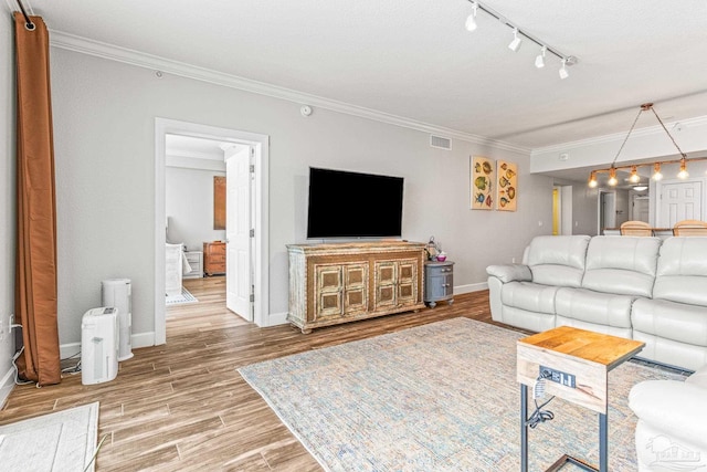 living room featuring wood-type flooring and ornamental molding