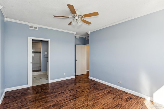 unfurnished bedroom featuring a textured ceiling, ceiling fan, crown molding, and dark hardwood / wood-style floors