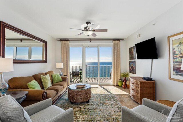 living room featuring ceiling fan