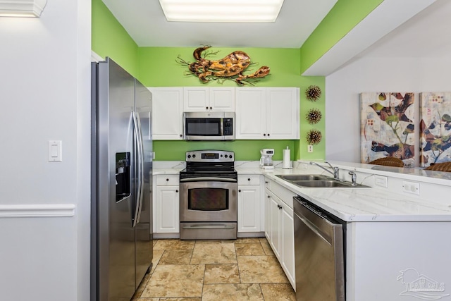 kitchen featuring white cabinetry, sink, light stone countertops, kitchen peninsula, and appliances with stainless steel finishes