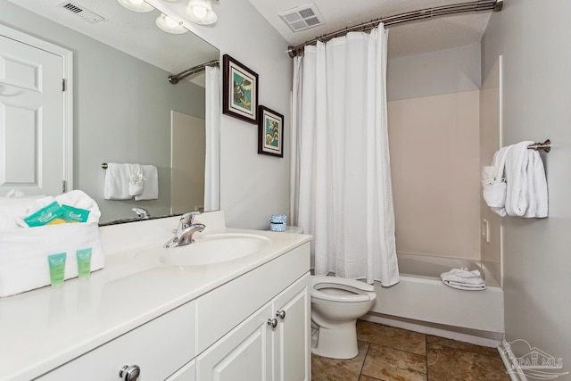 full bathroom featuring vanity, shower / bathtub combination with curtain, and toilet