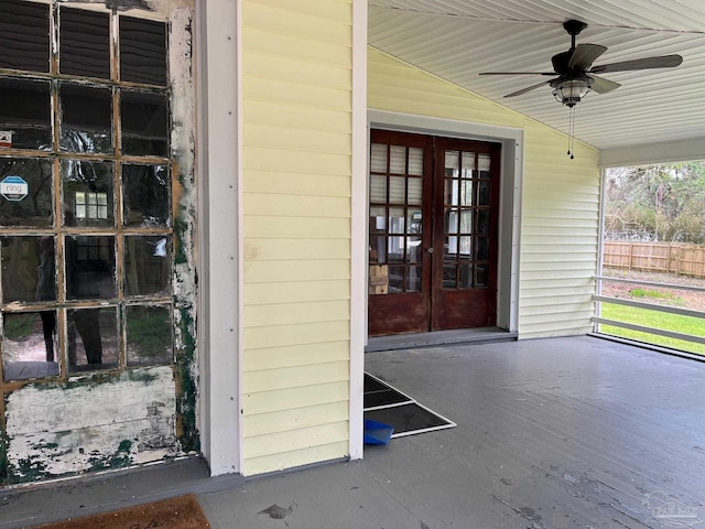 entrance to property with french doors and ceiling fan