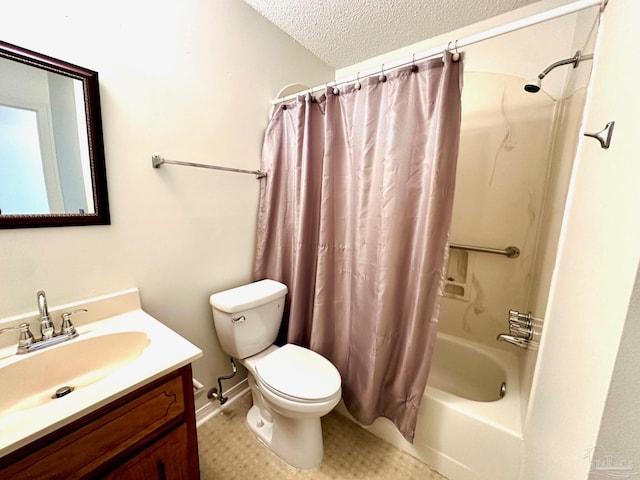 full bathroom featuring toilet, vanity, a textured ceiling, and shower / bath combo