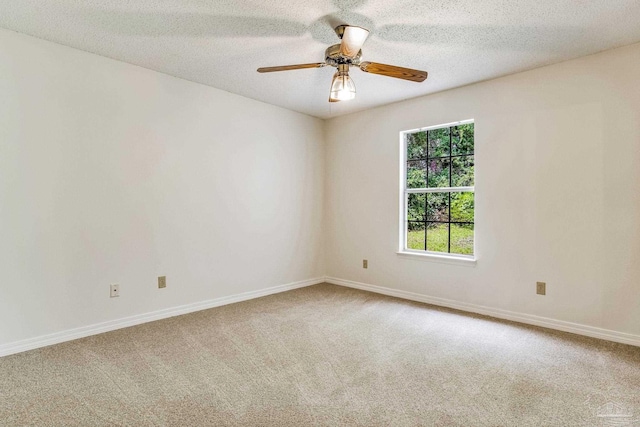 empty room featuring ceiling fan, carpet, and a textured ceiling