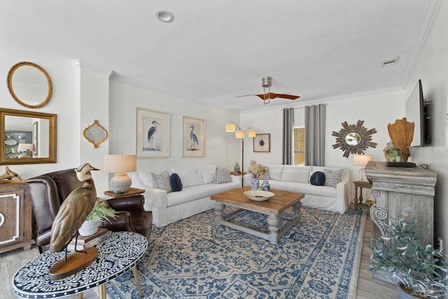 8209 Pompano St, Navarre, FL 32566 - living area featuring ornamental molding, wood finished floors, and ceiling fan