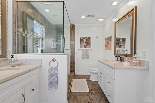 8209 Pompano St, Navarre, FL 32566 - bathroom with two vanities, a stall shower, and ornamental molding
