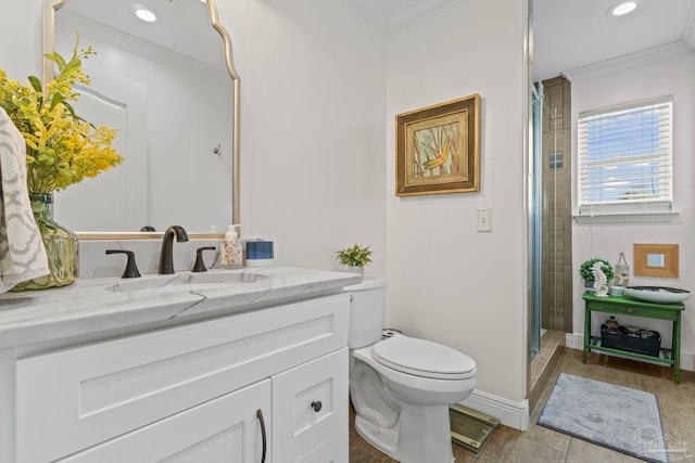 8209 Pompano St, Navarre, FL 32566 - full bathroom with vanity, crown molding, a stall shower, and recessed lighting