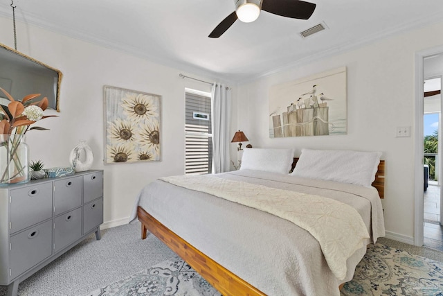 8209 Pompano St, Navarre, FL 32566 - bedroom with ornamental molding, a ceiling fan, and light carpet