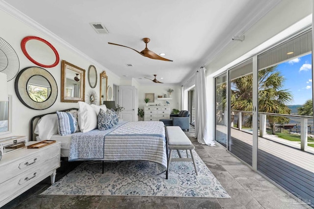 8209 Pompano St, Navarre, FL 32566 - bedroom with access to outside, crown molding, stone finish floors, and a ceiling fan