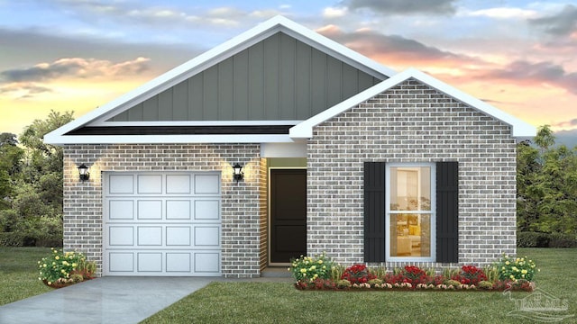 view of front facade with brick siding, board and batten siding, and a front yard