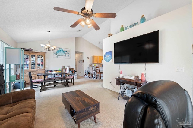 6184 Green Acres Dr, Pensacola, FL 32526 - living room with lofted ceiling, light carpet, and ceiling fan with notable chandelier