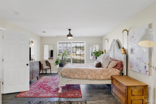 bedroom with ceiling fan, visible vents, dark wood finished floors, and baseboards