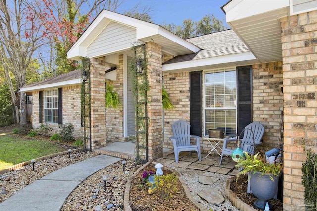 view of exterior entry with a patio area, brick siding, and a shingled roof