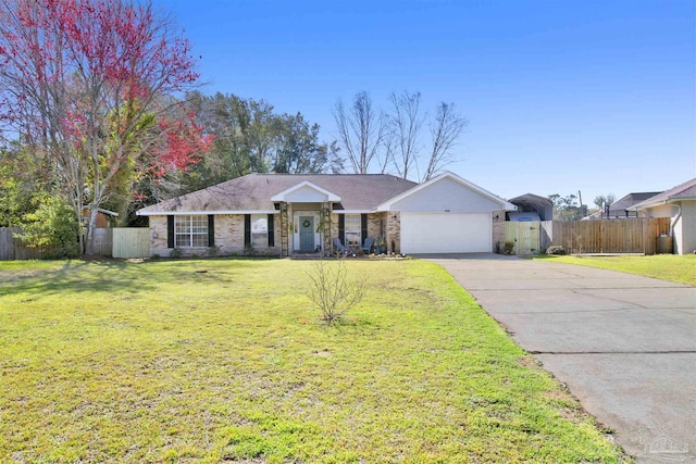 ranch-style house featuring a garage, concrete driveway, a front yard, and fence