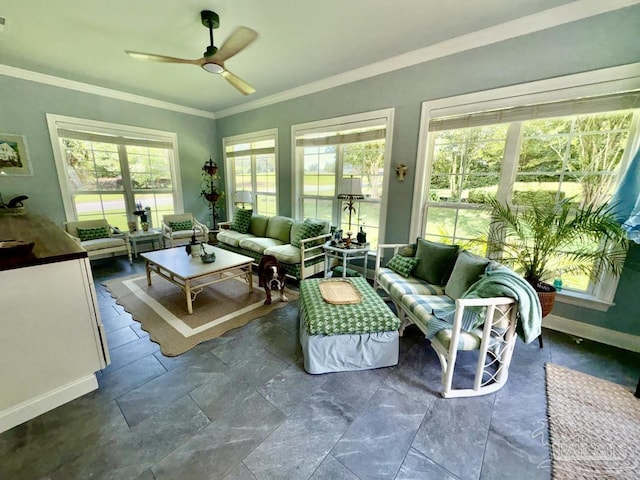 2367 Greenbrier Blvd, Pensacola, FL 32514 - living room with a ceiling fan, ornamental molding, plenty of natural light, and baseboards