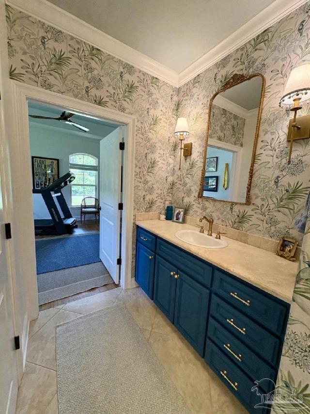 2367 Greenbrier Blvd, Pensacola, FL 32514 - bathroom featuring vanity, crown molding, wallpapered walls, and a ceiling fan