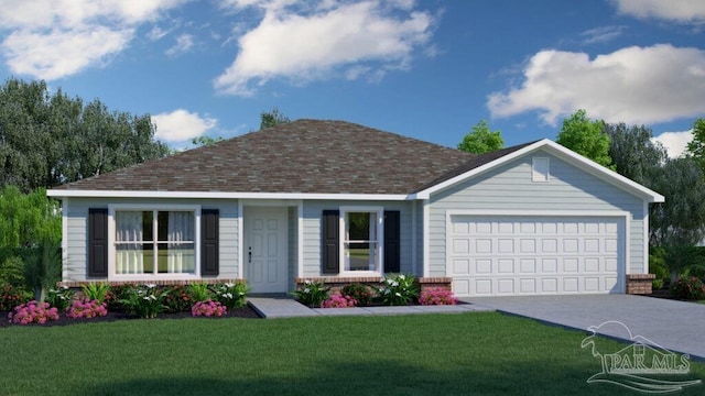 ranch-style home featuring driveway, a shingled roof, an attached garage, a front lawn, and brick siding