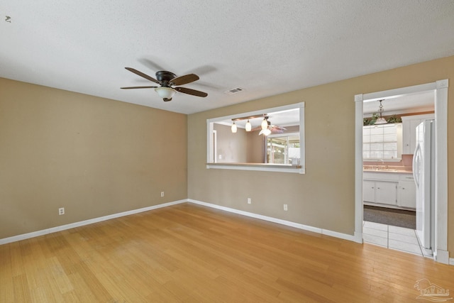 empty room with a textured ceiling, light hardwood / wood-style flooring, ceiling fan, and sink