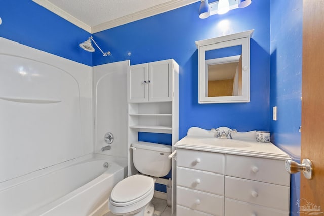 full bathroom featuring vanity, crown molding, toilet, a textured ceiling, and shower / bathtub combination