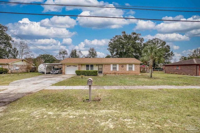 ranch-style home with a garage and a front lawn