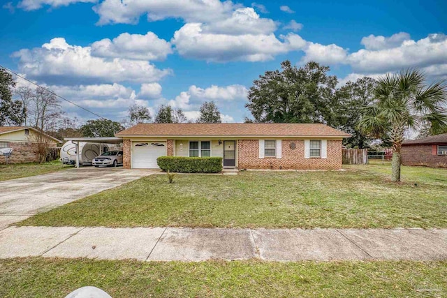 ranch-style house with a front lawn, a carport, and a garage