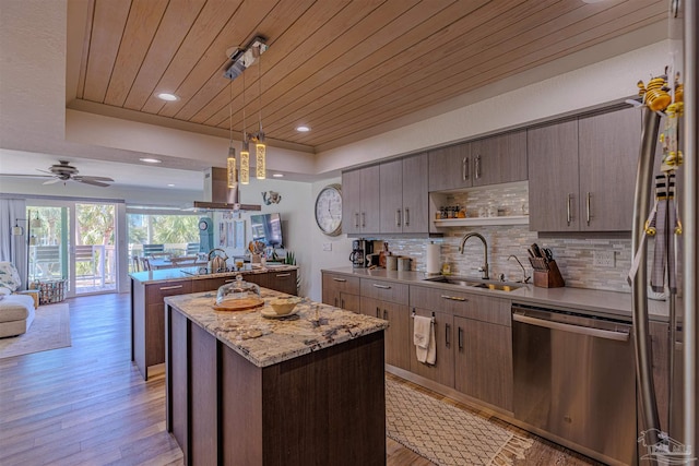 kitchen with dishwasher, a tray ceiling, a sink, and wood ceiling