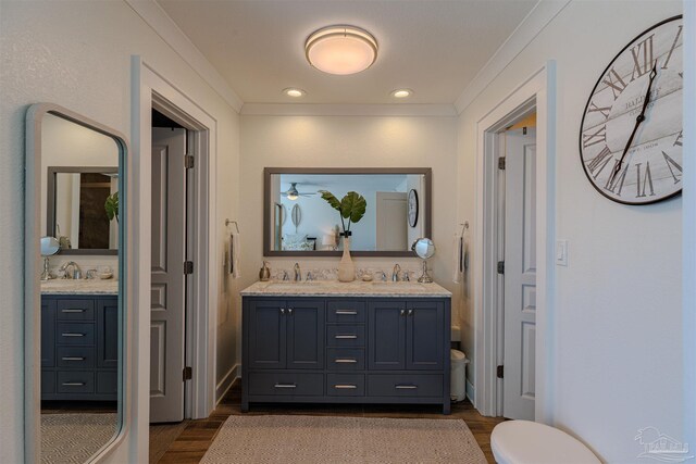 full bath featuring ornamental molding, wood finished floors, a sink, and double vanity