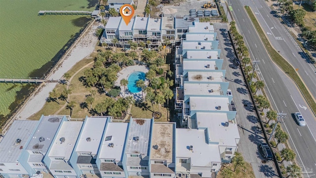 aerial view with a water view and a residential view