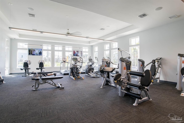 6548 Carlinga Dr, Pensacola, FL 32507 - workout area with visible vents, a tray ceiling, and baseboards