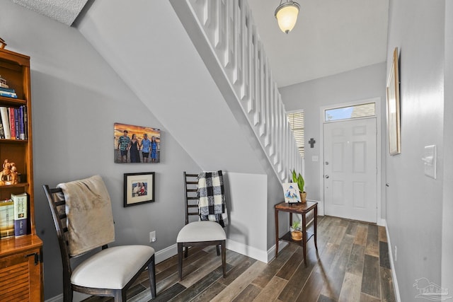 foyer entrance with lofted ceiling and dark wood-type flooring