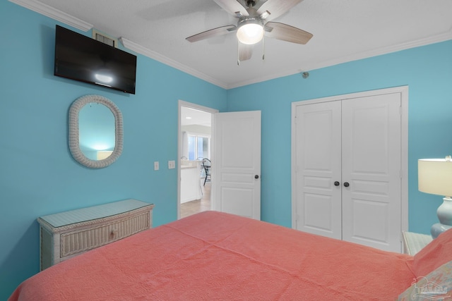 bedroom with crown molding, ceiling fan, and a closet