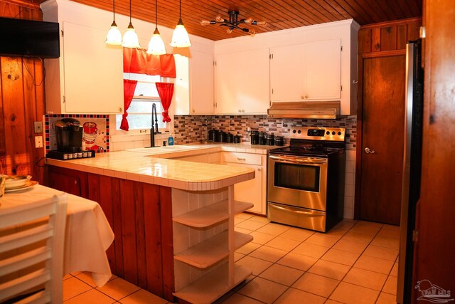 kitchen with wood ceiling, stainless steel appliances, pendant lighting, white cabinetry, and tasteful backsplash