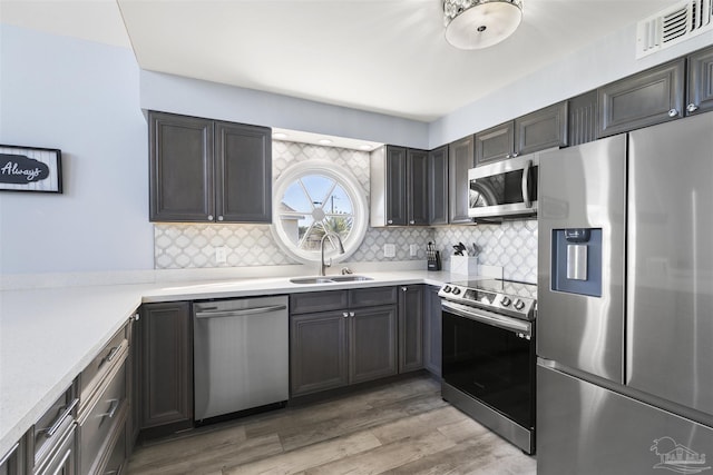 kitchen featuring sink, stainless steel appliances, light hardwood / wood-style floors, decorative backsplash, and dark brown cabinetry