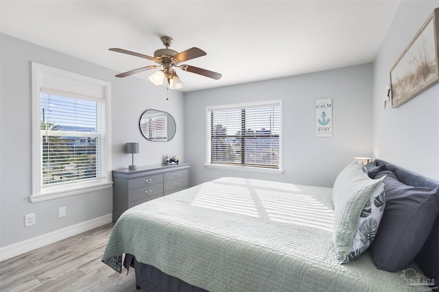 bedroom with ceiling fan and light hardwood / wood-style floors