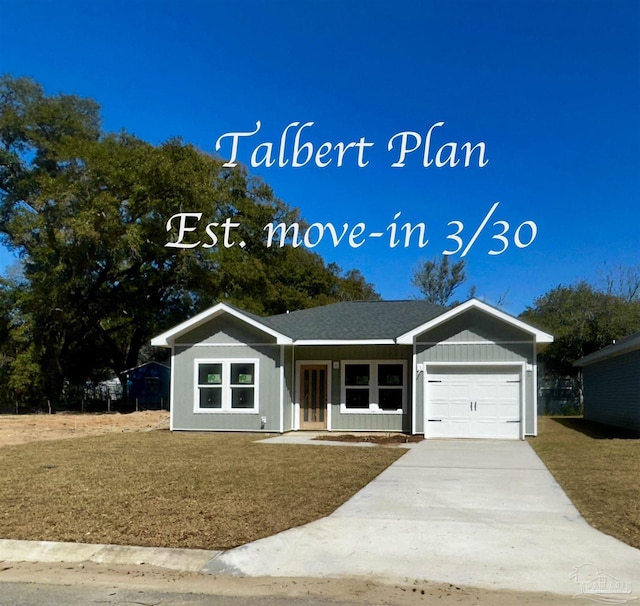 2020 Talbert St, Pensacola, FL 32507 - ranch-style home featuring an attached garage, a front lawn, driveway, and roof with shingles
