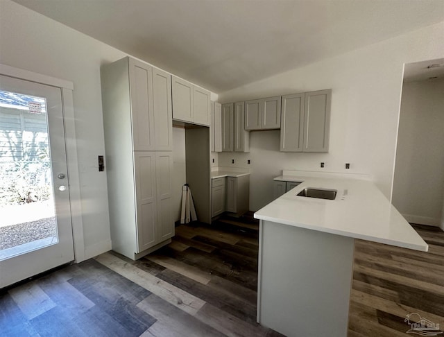 kitchen featuring lofted ceiling, gray cabinetry, a peninsula, dark wood-style flooring, and a sink