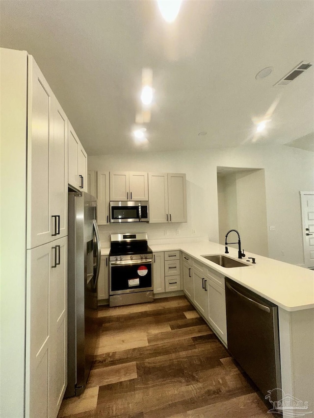 2020 Talbert St, Pensacola, FL 32507 - kitchen featuring appliances with stainless steel finishes, a sink, a peninsula, dark wood-style flooring, and light countertops