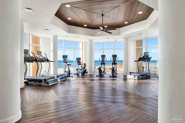 gym with ceiling fan, a tray ceiling, and a healthy amount of sunlight