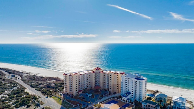 aerial view with a water view and a beach view