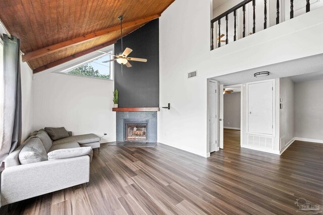 living room featuring beam ceiling, ceiling fan, wooden ceiling, wood-type flooring, and high vaulted ceiling