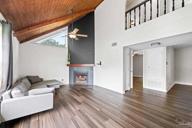 living area featuring a fireplace with flush hearth, wood ceiling, ceiling fan, and wood finished floors